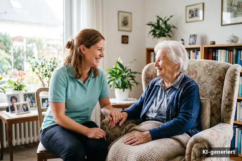 KI-generiertes Symbolbild: Pflegerin im Gespräch mit einer lächelnden Seniorin im Wohnzimmer