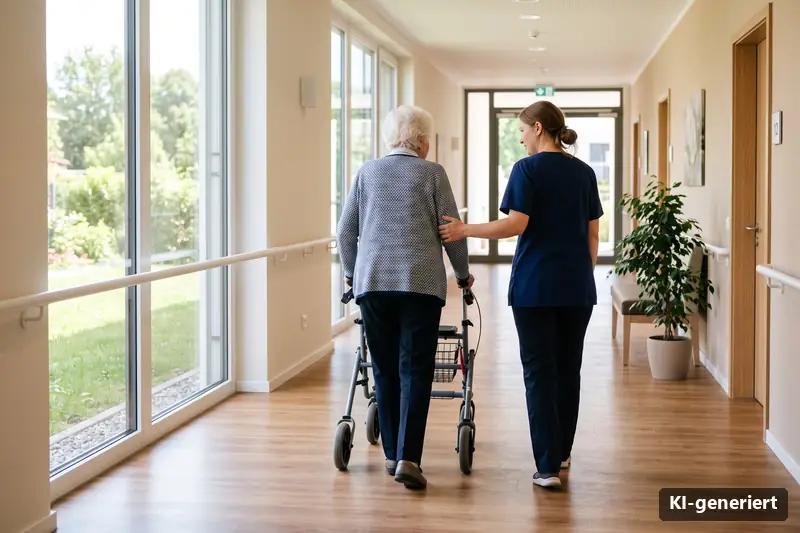 KI-generiertes Symbolbild: Pflegerin begleitet eine Seniorin mit Rollator durch einen hellen Flur